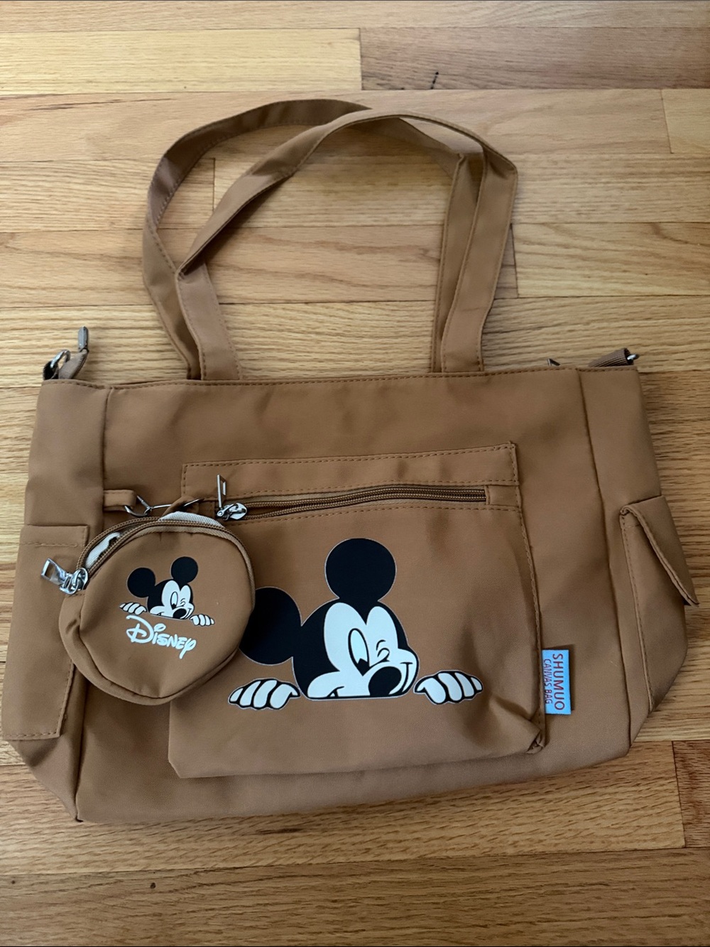 Brown Messenger Bag with Mickey Mouse Graphic and Coin Pouch